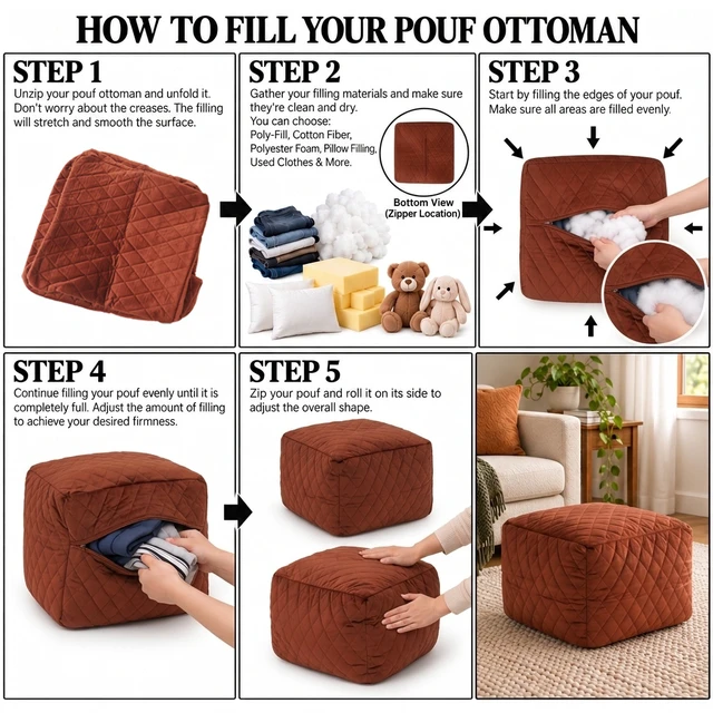 Alt view image 6 of 7 - Storage Ottoman Cover with Bottom Zipper, Foldable Foot Rest Stool with Storage for Toys Towels Clothes Space Saving