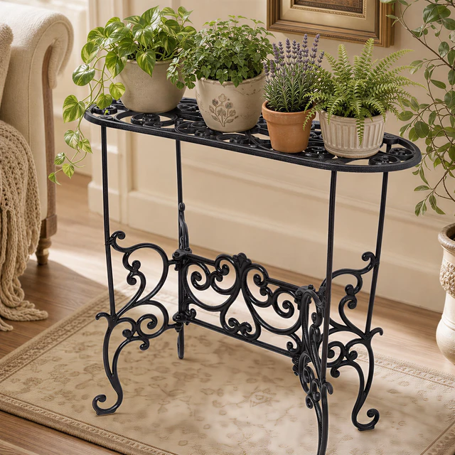 Alt view image 7 of 7 - Cast Iron Oval Plant Stand, Heavy Duty Plant Display Rack Indoor Outdoor Decorative Holder for Living Patio, Black