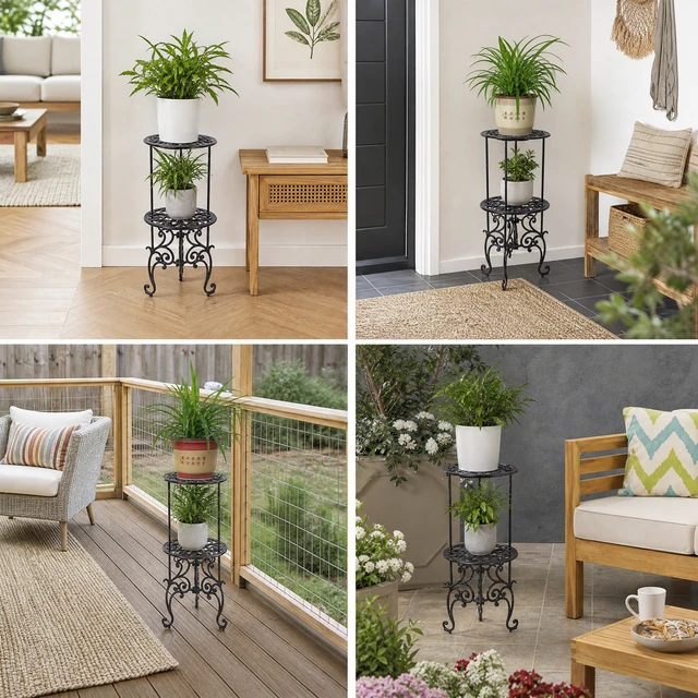 Alt view image 7 of 7 - 2 Tier Cast Iron Plant Stand, Decorative Metal Flower Pot Holder Scrollwork Display Rack Heavy Duty Plant Holder