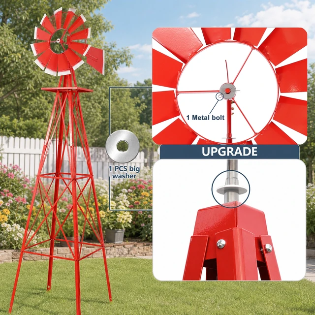 Alt view image 6 of 7 - Decorative Garden Windmill, Heavy Duty Metal Yard Ornament with Leg Frame Outdoor Lawn Decoration, Red, Steel