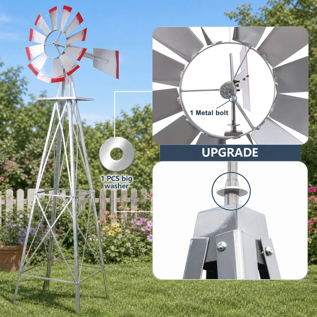 Alt view image 7 of 7 - Decorative Garden Windmill, Heavy Duty Metal Yard Ornament with Leg Frame Outdoor Lawn Decoration, Gray, Steel
