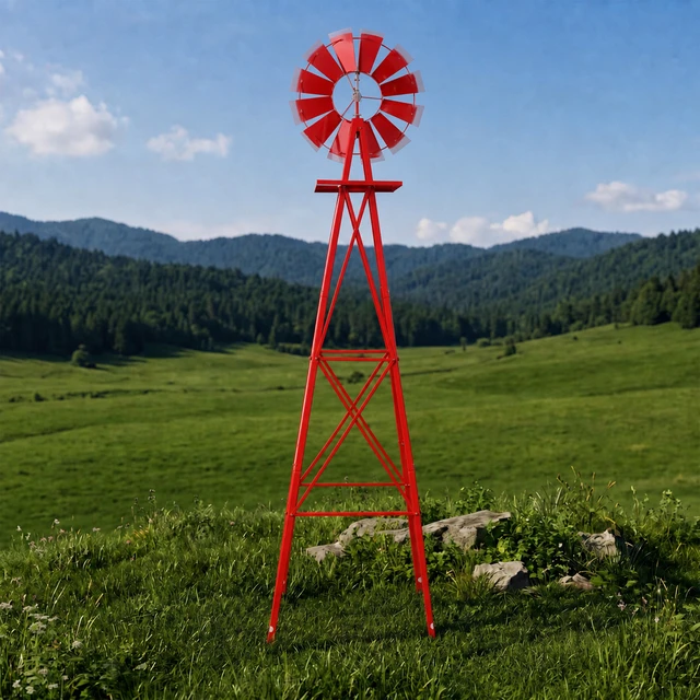 Alt view image 4 of 7 - Decorative Garden Windmill, Heavy Duty Metal Yard Ornament with Leg Frame Outdoor Lawn Decoration, Red, Steel
