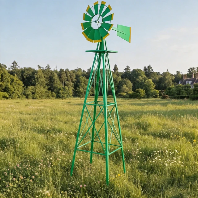 Alt view image 5 of 7 - Decorative Garden Windmill, Heavy Duty Metal Yard Ornament with Leg Frame Outdoor Lawn Decoration, Green, Steel