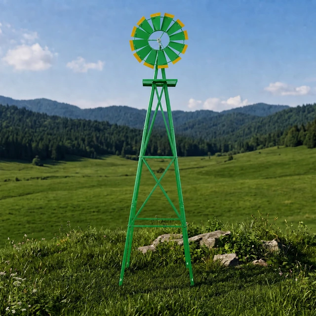 Alt view image 7 of 7 - Decorative Garden Windmill, Heavy Duty Metal Yard Ornament with Leg Frame Outdoor Lawn Decoration, Green, Steel