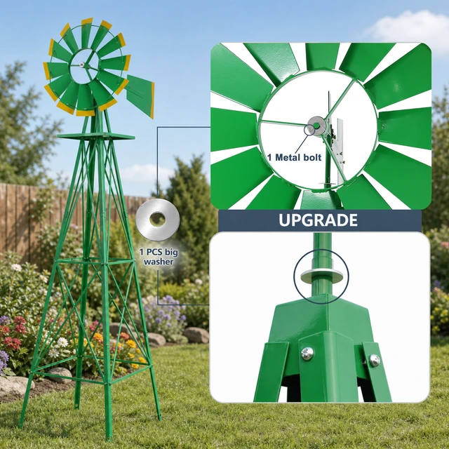Alt view image 6 of 7 - Decorative Garden Windmill, Heavy Duty Metal Yard Ornament with Leg Frame Outdoor Lawn Decoration, Green, Steel