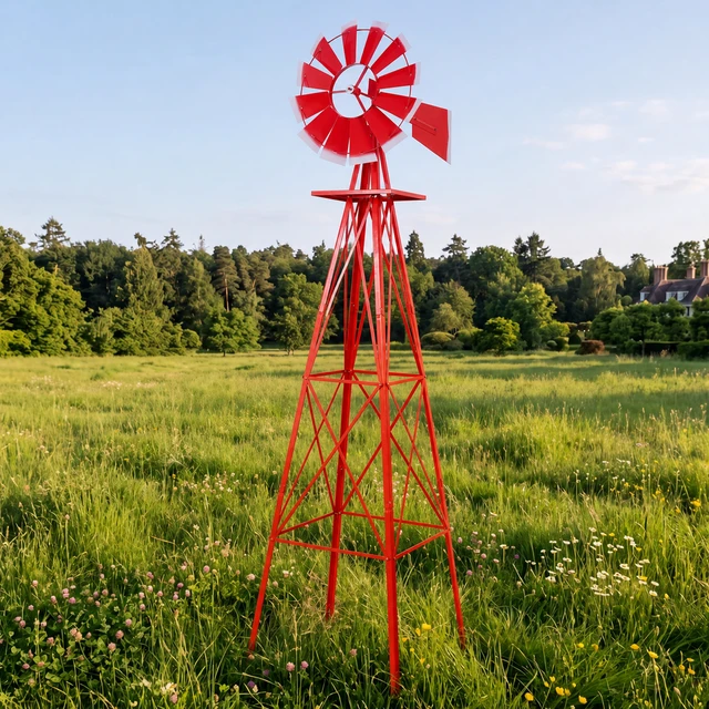 Alt view image 5 of 7 - Decorative Garden Windmill, Heavy Duty Metal Yard Ornament with Leg Frame Outdoor Lawn Decoration, Red, Steel