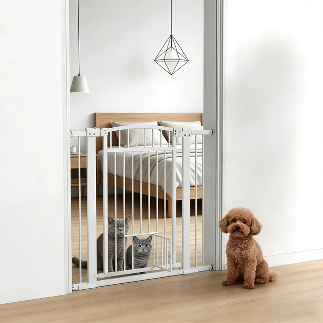 Alt view image 3 of 7 - Pet Gate, Extra Wide Walk Through Dog Gate Cat Door, White, Steel, Pens Hutches