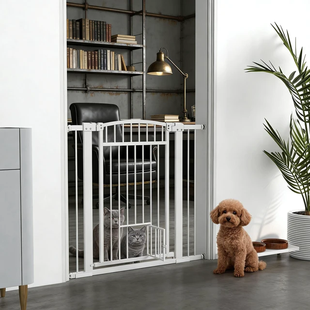 Alt view image 2 of 7 - Pet Gate, Extra Wide Walk Through Dog Gate Cat Door, White, Steel, Pens Hutches