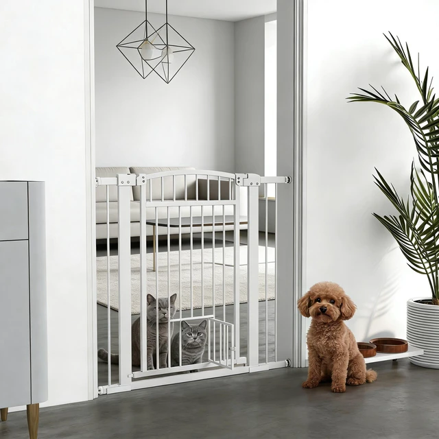 Main image of Pet Gate, Extra Wide Walk Through Dog Gate Cat Door, White, Steel, Pens Hutches