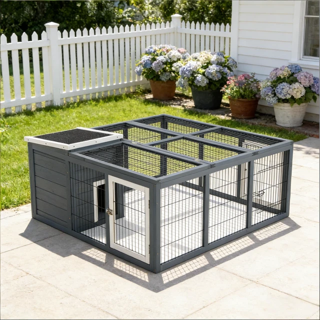 Alt view image 2 of 7 - Small Animal Hutch Cage, Pet Rabbit, Gray, Metal and Wood, Pens Hutches