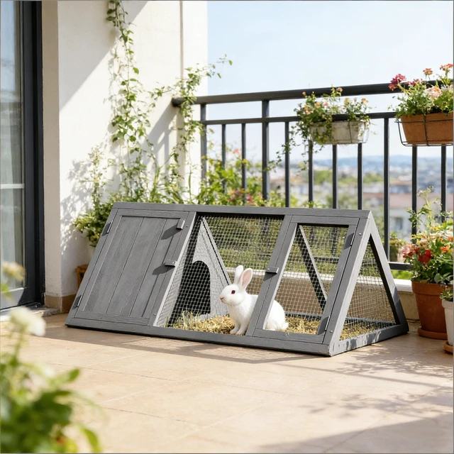 Main image of Stable Small Animal Cage, Rabbit Hutch Wooden Triangle Bunny, Grey, Mesh and Wood, Pens Hutches