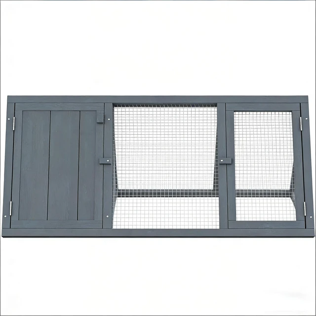 Alt view image 3 of 7 - Stable Small Animal Cage, Rabbit Hutch Wooden Triangle Bunny, Grey, Mesh and Wood, Pens Hutches