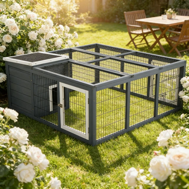 Main image of Small Animal Hutch Cage, Pet Rabbit, Gray, Metal and Wood, Pens Hutches