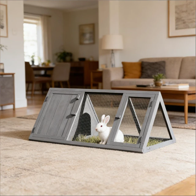 Alt view image 4 of 7 - Stable Small Animal Cage, Rabbit Hutch Wooden Triangle Bunny, Grey, Mesh and Wood, Pens Hutches