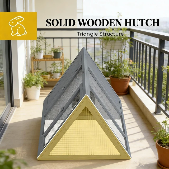 Alt view image 7 of 7 - Stable Small Animal Cage, Rabbit Hutch Wooden Triangle Bunny, Grey, Mesh and Wood, Pens Hutches