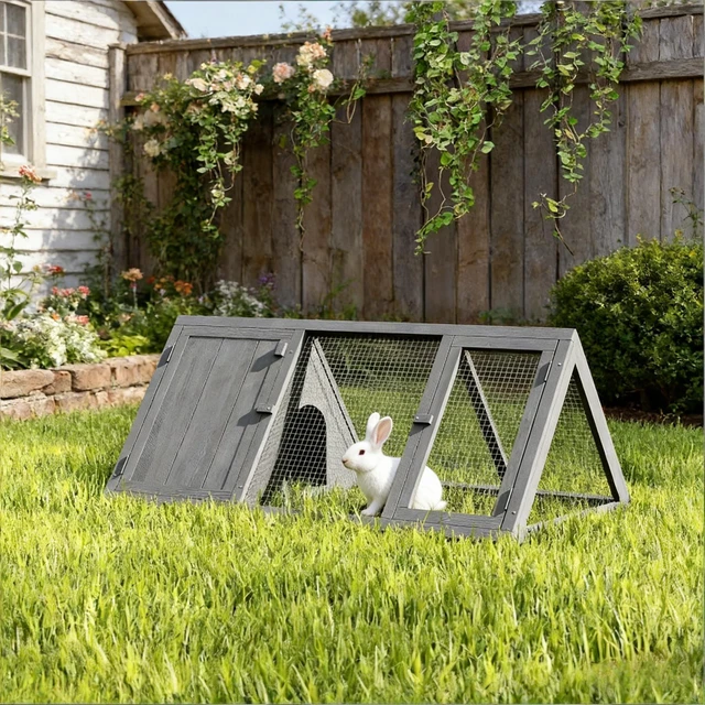 Alt view image 5 of 7 - Stable Small Animal Cage, Rabbit Hutch Wooden Triangle Bunny, Grey, Mesh and Wood, Pens Hutches