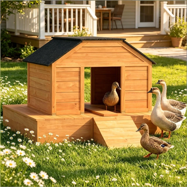 Alt view image 2 of 7 - Poultry Cage with Dual Doors, Duck Coop Outdoor Duck Pet, Black Orange, Wood, Pens Hutches