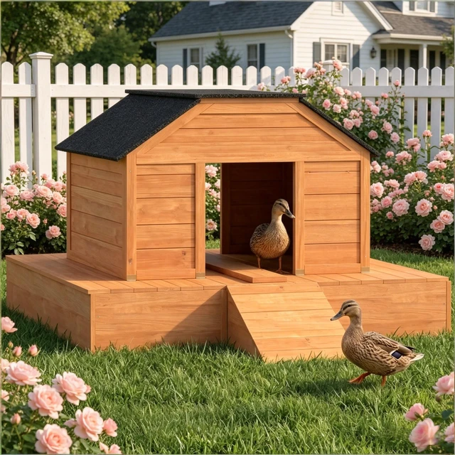 Alt view image 4 of 7 - Poultry Cage with Dual Doors, Duck Coop Outdoor Duck Pet, Black Orange, Wood, Pens Hutches