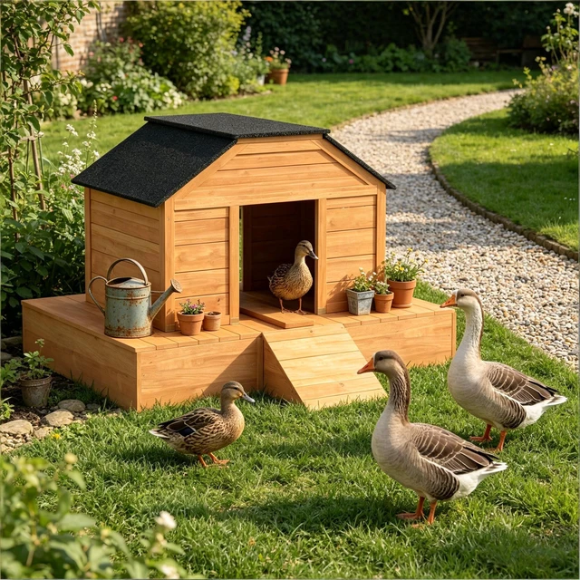 Alt view image 3 of 7 - Poultry Cage with Dual Doors, Duck Coop Outdoor Duck Pet, Black Orange, Wood, Pens Hutches