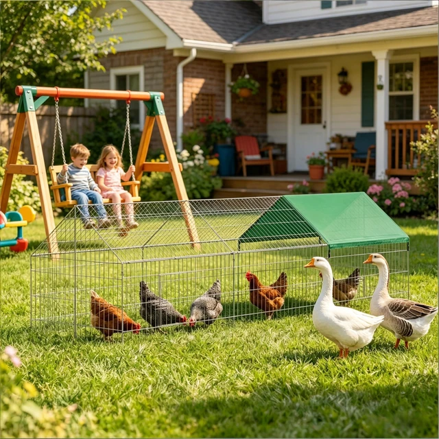 Alt view image 2 of 7 - Outdoor Chicken Coop, Duck Coop Rabbit Cage Small Animals Green Silver, Oxford Fabric and Steel, Pens Hutches