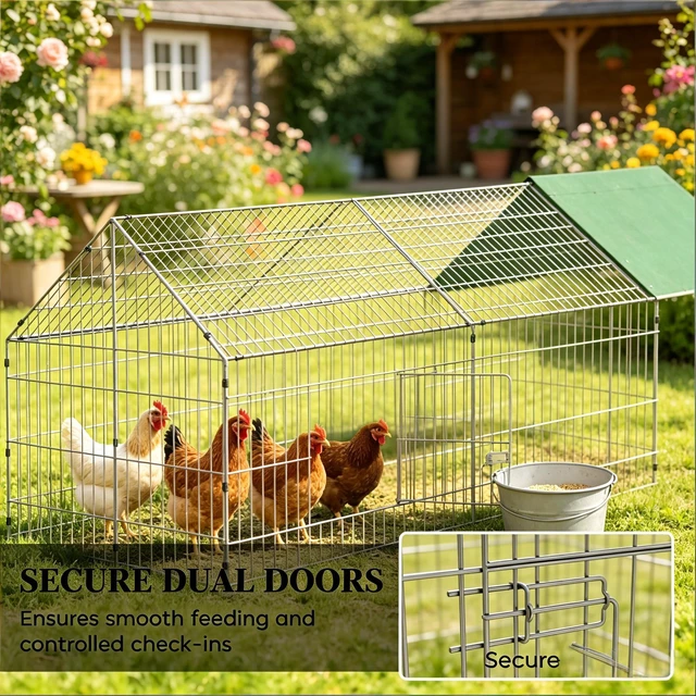 Alt view image 4 of 7 - Outdoor Chicken Coop, Duck Coop Rabbit Cage Small Animals Green Silver, Oxford Fabric and Steel, Pens Hutches