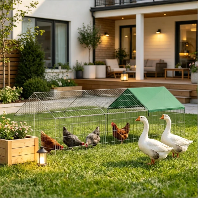 Alt view image 3 of 7 - Outdoor Chicken Coop, Duck Coop Rabbit Cage Small Animals Green Silver, Oxford Fabric and Steel, Pens Hutches