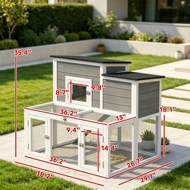 Alt view image 5 of 7 - Wooden Story Rabbit Hutch with Outdoor Run, Waterproof Openable Roof Pull-Out Cleaning Tray and Access Ramp Small