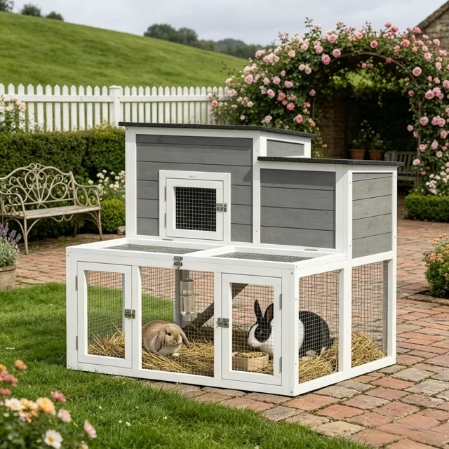 Alt view image 4 of 7 - Wooden Story Rabbit Hutch with Outdoor Run, Waterproof Openable Roof Pull-Out Cleaning Tray and Access Ramp Small