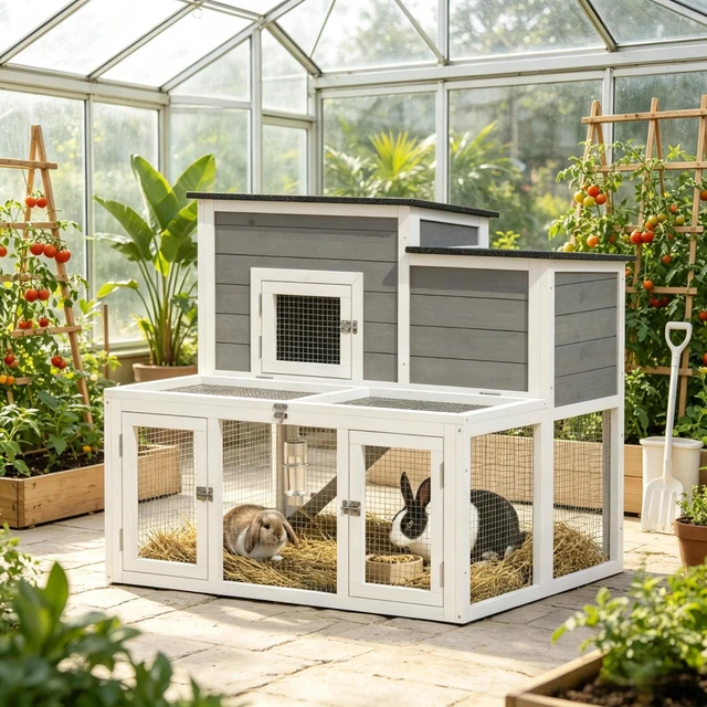 Main image of Wooden Story Rabbit Hutch with Outdoor Run, Waterproof Openable Roof Pull-Out Cleaning Tray and Access Ramp Small
