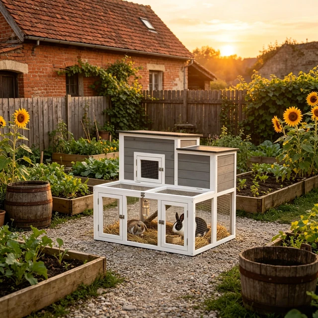 Alt view image 2 of 7 - Wooden Story Rabbit Hutch with Outdoor Run, Waterproof Openable Roof Pull-Out Cleaning Tray and Access Ramp Small