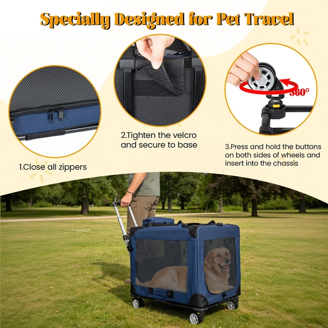 Alt view image 3 of 7 - 2, 24 Inch Collapsible Travel Dog Crate for Medium Large Dogs Rolling Pet Carrier with Wheels 3 Door Portable Folding