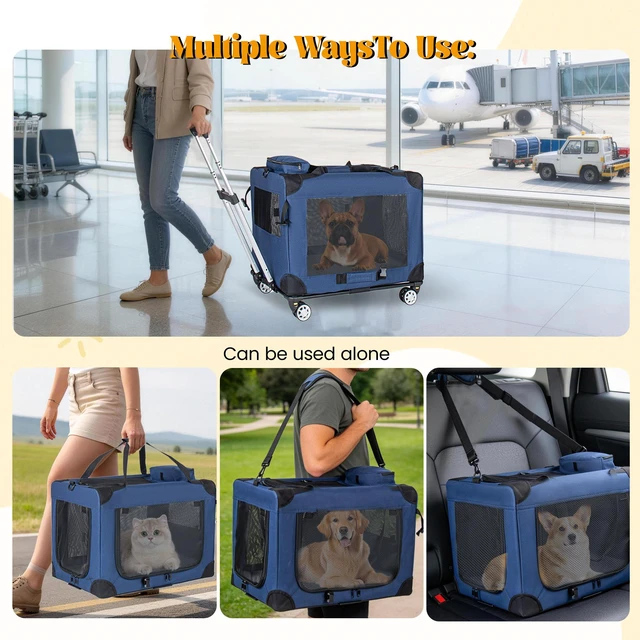 Alt view image 2 of 7 - 2, 24 Inch Collapsible Travel Dog Crate for Medium Large Dogs Rolling Pet Carrier with Wheels 3 Door Portable Folding