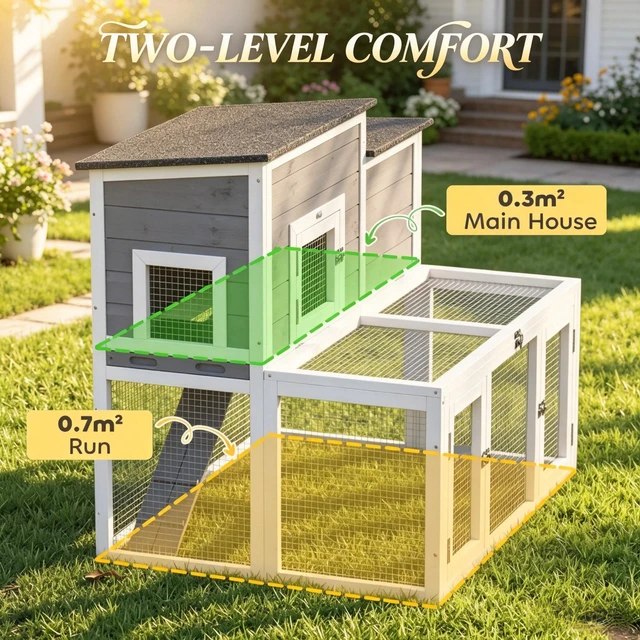 Alt view image 6 of 7 - Wooden Story Rabbit Hutch with Outdoor Run, Waterproof Openable Roof Pull-Out Cleaning Tray and Access Ramp Small