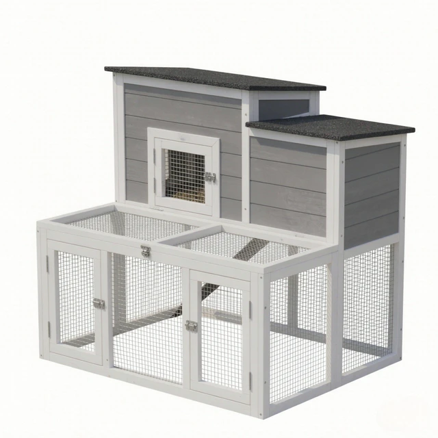 Alt view image 7 of 7 - Wooden Story Rabbit Hutch with Outdoor Run, Waterproof Openable Roof Pull-Out Cleaning Tray and Access Ramp Small