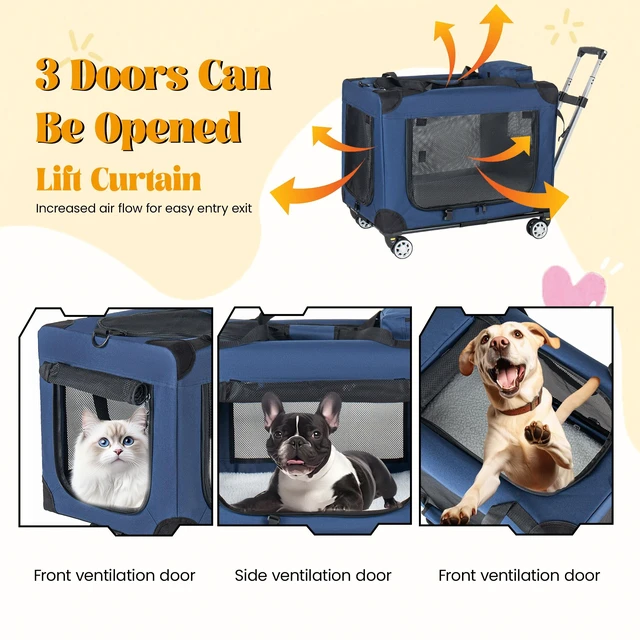 Alt view image 4 of 7 - 2, 24 Inch Collapsible Travel Dog Crate for Medium Large Dogs Rolling Pet Carrier with Wheels 3 Door Portable Folding