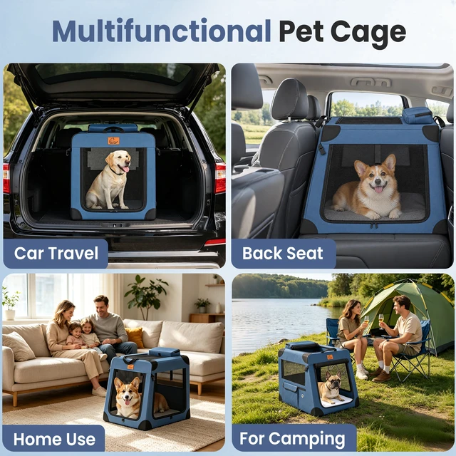 Alt view image 2 of 7 - Portable Dog Crate for Car Travel, Collapsible Dog Travel Crate with Folding Steel Frame and 3 Door Mesh Windows