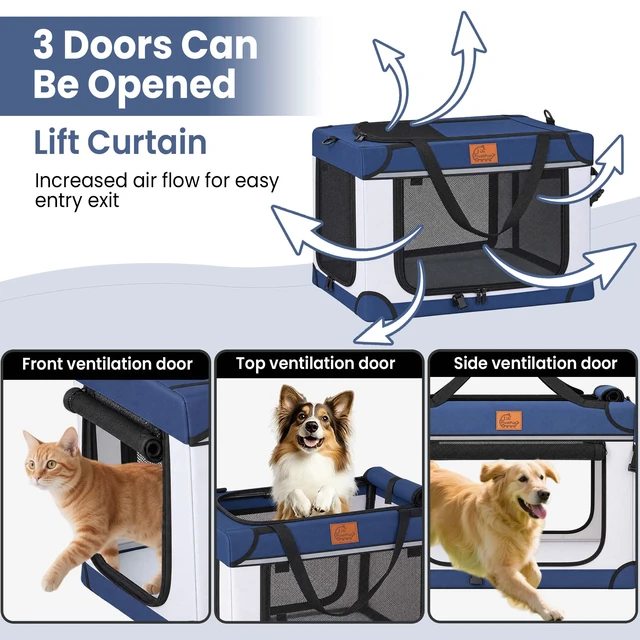 Alt view image 5 of 7 - 2, 24 Inch Collapsible Travel Dog Crate for Medium Large Dogs Rolling Pet Carrier with Wheels 3 Door Portable Folding