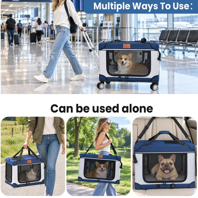 Alt view image 2 of 7 - 2, 24 Inch Collapsible Travel Dog Crate for Medium Large Dogs Rolling Pet Carrier with Wheels 3 Door Portable Folding