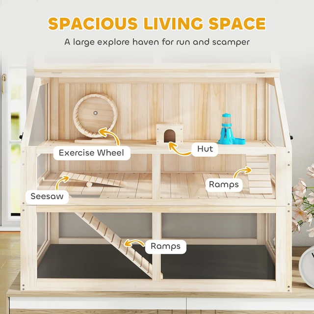Alt view image 6 of 7 - Paw Hut Wooden Hamster Cage, 3 Tier Small Animal Cage with Detachable 12.4 Inch Bottom Hut Seesaw Exercise Wheel Ramps