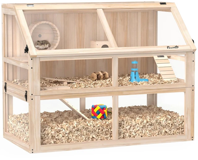 Main image of Paw Hut Wooden Hamster Cage, 3 Tier Small Animal Cage with Detachable 12.4 Inch Bottom Hut Seesaw Exercise Wheel Ramps