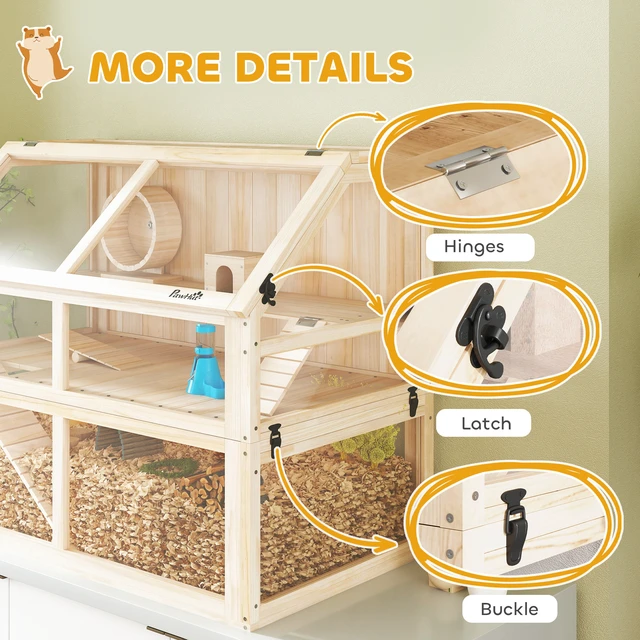 Alt view image 2 of 7 - Paw Hut Wooden Hamster Cage, 3 Tier Small Animal Cage with Detachable 12.4 Inch Bottom Hut Seesaw Exercise Wheel Ramps