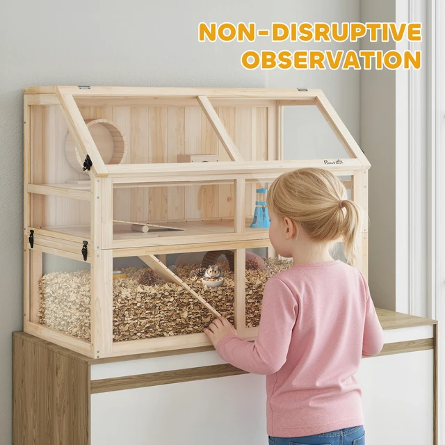 Alt view image 3 of 7 - Paw Hut Wooden Hamster Cage, 3 Tier Small Animal Cage with Detachable 12.4 Inch Bottom Hut Seesaw Exercise Wheel Ramps