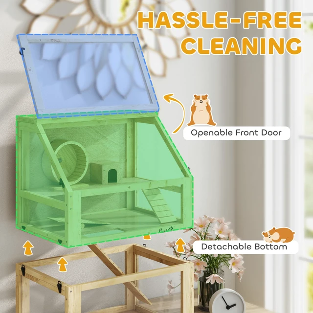 Alt view image 4 of 7 - Paw Hut Wooden Hamster Cage, 3 Tier Small Animal Cage with Detachable 12.6 Inch Bottom Hut Seesaw Exercise Wheel Ramps