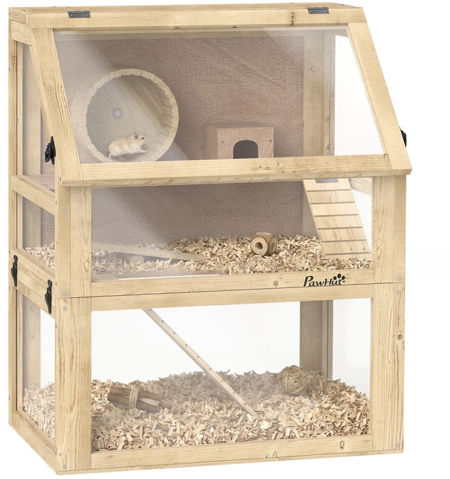 Main image of Paw Hut Wooden Hamster Cage, 3 Tier Small Animal Cage with Detachable 12.6 Inch Bottom Hut Seesaw Exercise Wheel Ramps