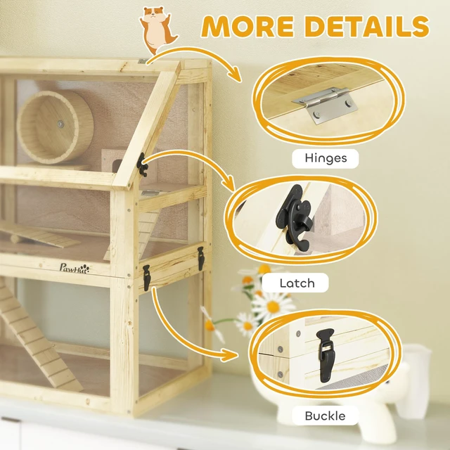 Alt view image 2 of 7 - Paw Hut Wooden Hamster Cage, 3 Tier Small Animal Cage with Detachable 12.6 Inch Bottom Hut Seesaw Exercise Wheel Ramps