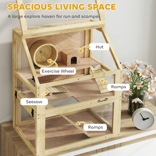 Alt view image 6 of 7 - Paw Hut Wooden Hamster Cage, 3 Tier Small Animal Cage with Detachable 12.6 Inch Bottom Hut Seesaw Exercise Wheel Ramps