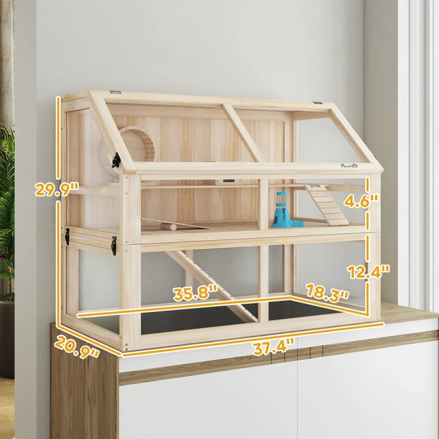 Alt view image 7 of 7 - Paw Hut Wooden Hamster Cage, 3 Tier Small Animal Cage with Detachable 12.4 Inch Bottom Hut Seesaw Exercise Wheel Ramps