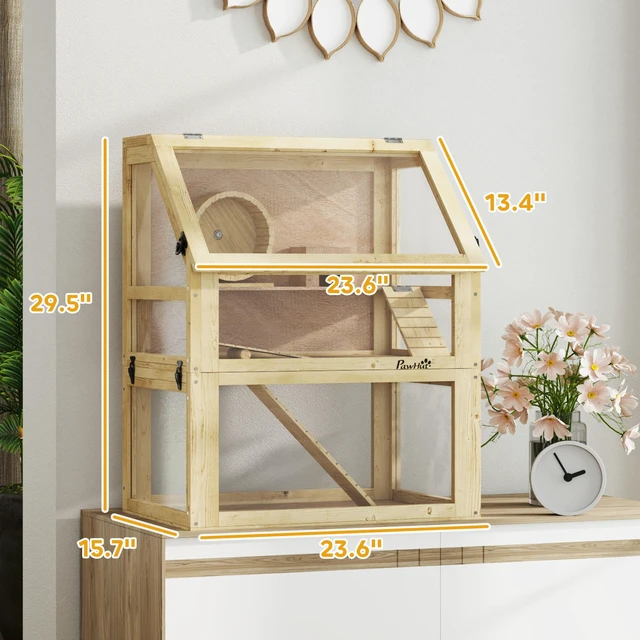Alt view image 7 of 7 - Paw Hut Wooden Hamster Cage, 3 Tier Small Animal Cage with Detachable 12.6 Inch Bottom Hut Seesaw Exercise Wheel Ramps
