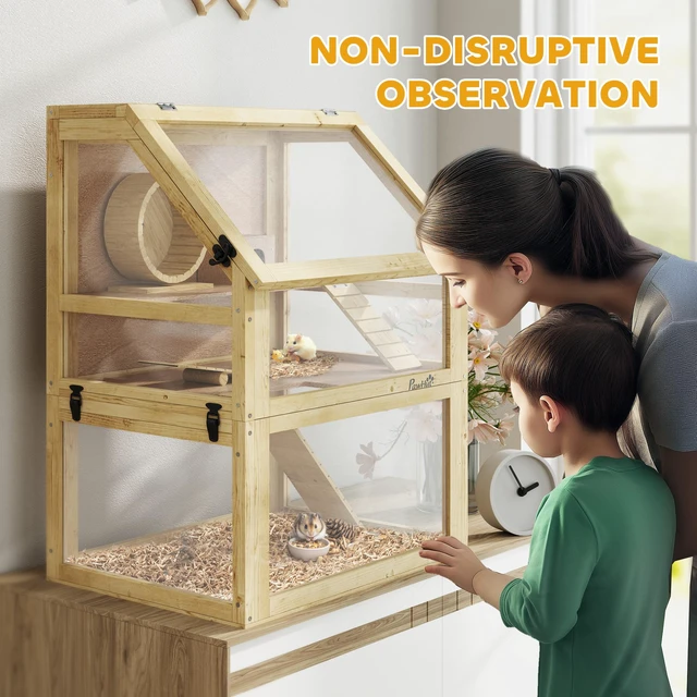 Alt view image 3 of 7 - Paw Hut Wooden Hamster Cage, 3 Tier Small Animal Cage with Detachable 12.6 Inch Bottom Hut Seesaw Exercise Wheel Ramps