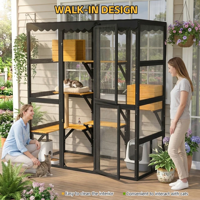 Alt view image 7 of 7 - Cat Catio Outdoor Cat Enclosure for Multiple Indoor Outdoor Cats, Large Wooden Walk in with Window Connection Condos